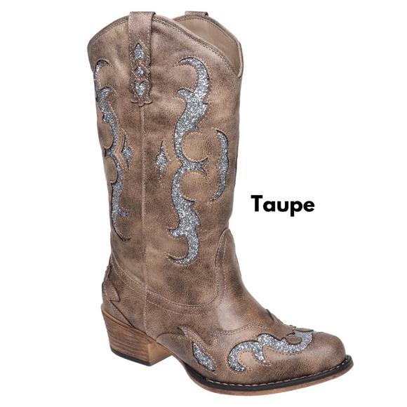 TAUPE Cowboy Western Glitter Accent Boots - Picture 2 of 3